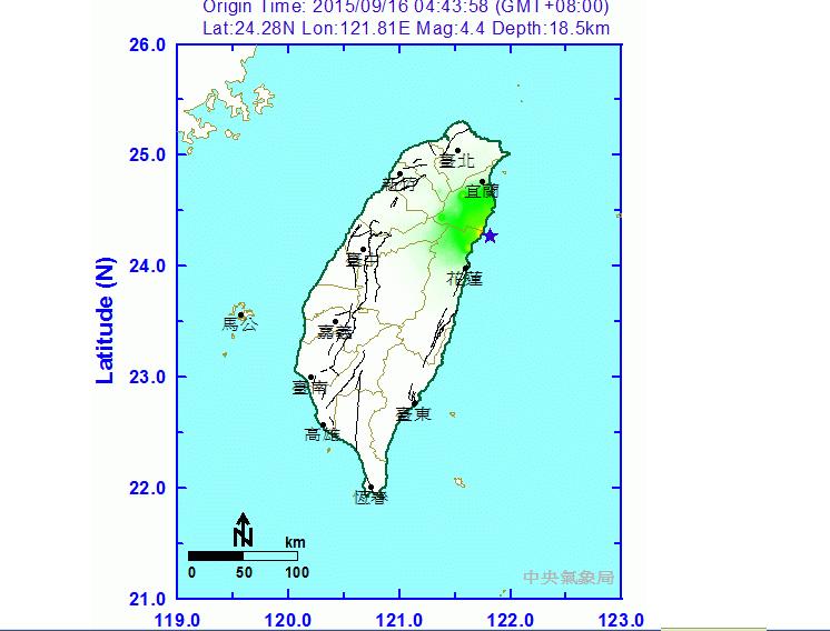 花蓮外海16日凌晨發生多起地震，最大芮氏規模5.6，氣象局表示不排除還有4級以上餘震。圖：翻攝中央氣象局