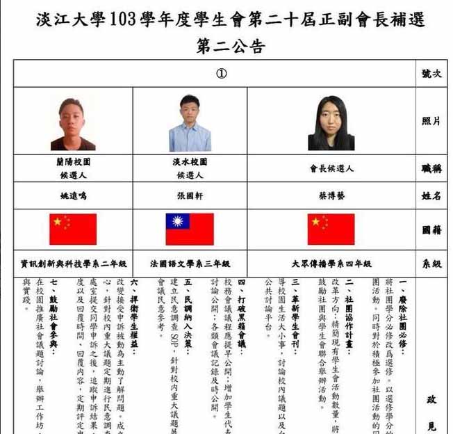 中國籍學生蔡博藝參加學生會選舉，選委會還在公報上標注國籍，引發熱烈討論。翻攝自淡大學生會正副會長補選公告