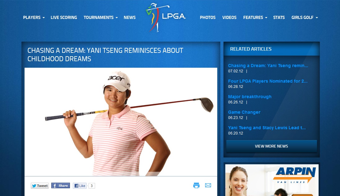 本週LPGA的大戲是美國公開賽，官網上長篇文章介紹世界球后曾雅妮逐夢而來。圖片來源：LPGA網站。