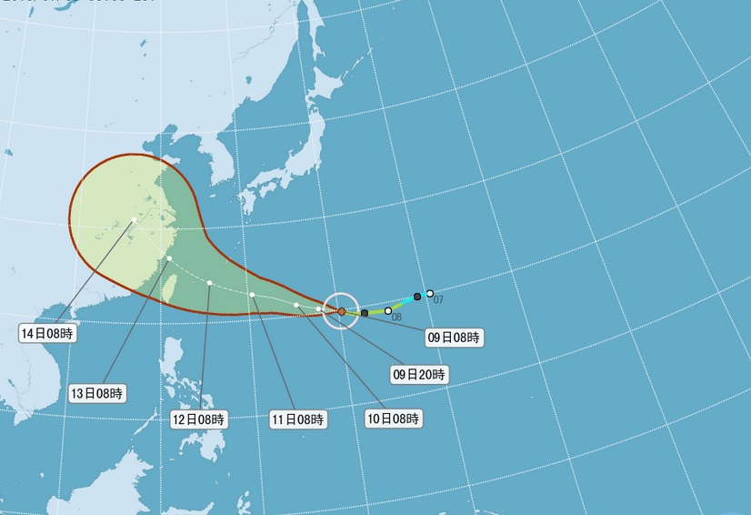 中央氣象局今（9）日表示，昨（8）日上午形成的第7號颱風「蘇力」，今日上午8時已增強為中度颱風。圖：翻攝自中央氣象局