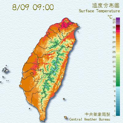 中央氣象局今（9）日表示，今日的天氣型態和昨天類似，因此，大台北市區中午左右氣溫仍有可能飆到38度，其他各地高溫也可能來到33至36度。圖：翻攝自中央氣象局