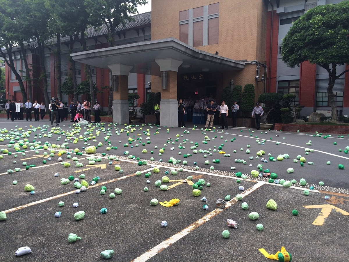 立院門口廣場留下上百顆紙芭樂。圖：符芳碩/攝