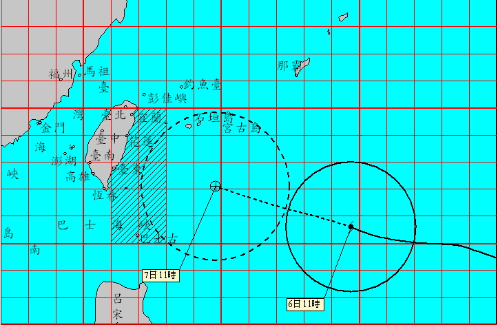行政院長毛治國6日指出，中颱蘇迪勒是今年第1個風雨最強的颱風。圖為蘇迪勒颱風目前預測行經路徑。圖：中央氣象局官網