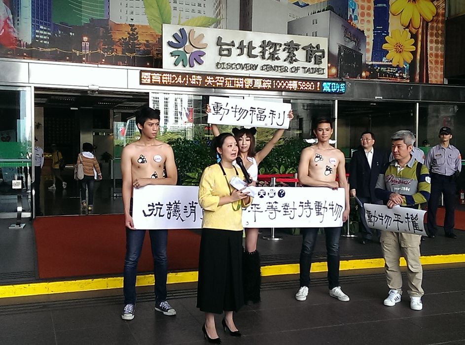 公民團體「藝樂園」和台北市議員吳思瑤今(23)日上午10時至台北市政府前抗議動物園過度消費圓仔、忽略動物平權。圖：莊崇暉/攝
