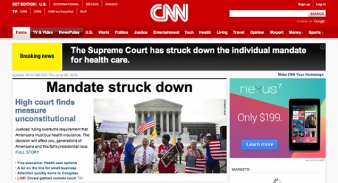 CNN網頁的錯誤標題Mandate struck down，被與1948年的Dewey Defeats Truman劃上等號，都是新聞史上的巨大災難。圖片來源：網路。