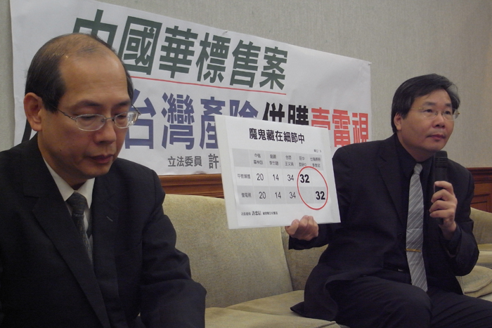 台灣團結聯盟立法委員許忠信表示，壹傳媒交易案中只有台灣產物保險公司董事長李泰宏獨買壹電視股份，他質疑壹電視如果虧損嚴重，將影響台灣產險的財務，恐怕會重演國華人壽事件。圖：楊宗興/攝