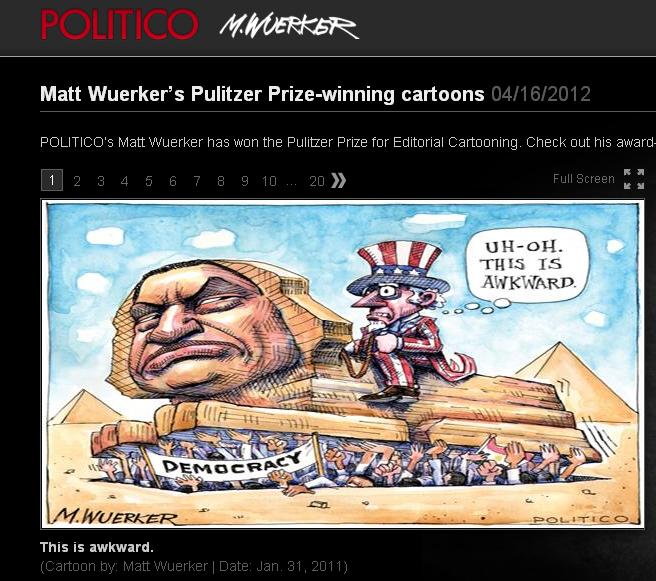 「政客新聞網」（Politico）以漫畫「The Great Economic Super Bowl」來揶揄美國兩大黨就經濟問題打口水戰的醜態，因此奪得「政治漫畫獎」。圖片來源：翻攝自網路。