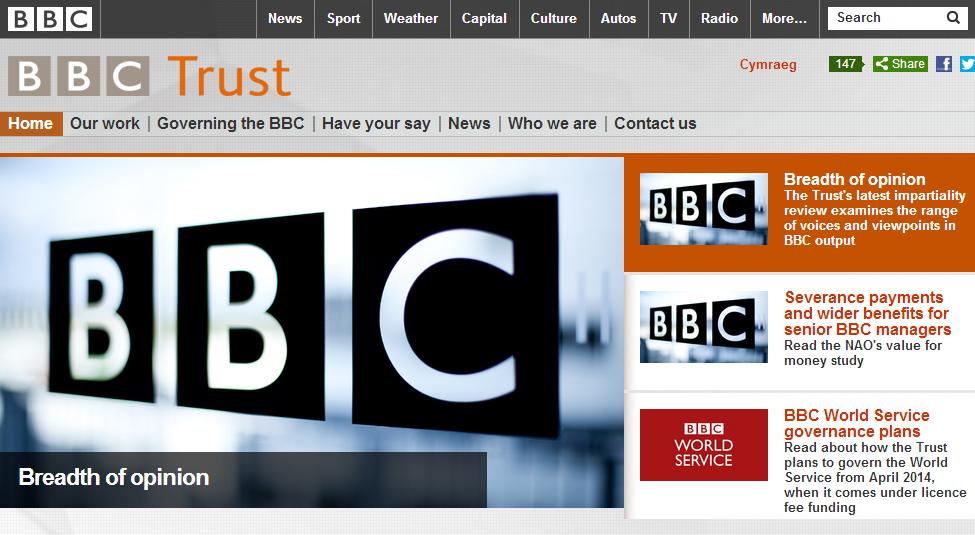 英國國家廣播公司信託基金會(BBC Trust)委託進行民調，調查BBC新聞報導是否客觀公正。報告結論顯示BBC新聞太注重政治家的意見，並敦促BBC應報導更多「極端」觀點。圖片來源：BBC Trust官方網站。