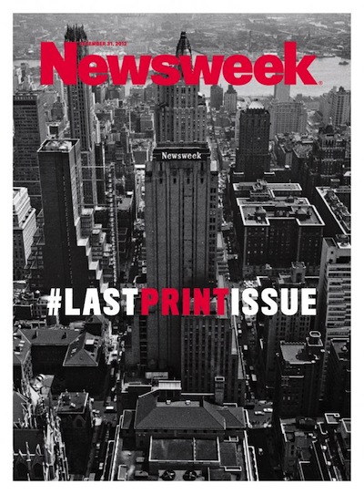 發刊日定於今年12月31日的最後1期新聞週刊封面上，總編輯布朗(Tina Brown)以空拍新聞週刊紐約總部大樓的照片作為背景，標題鮮明地打上「#最後號平面版發刊」(#LAST PRINT ISSUE)等字，其中「平面版」(PRINT)特別以紅色突顯。圖片來源：新聞週刊官方網站