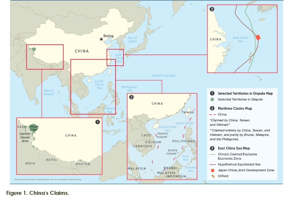 中國在印度、南海、台灣與東海等地區與鄰國有領土爭議的地方。圖：2015美國國防報告。