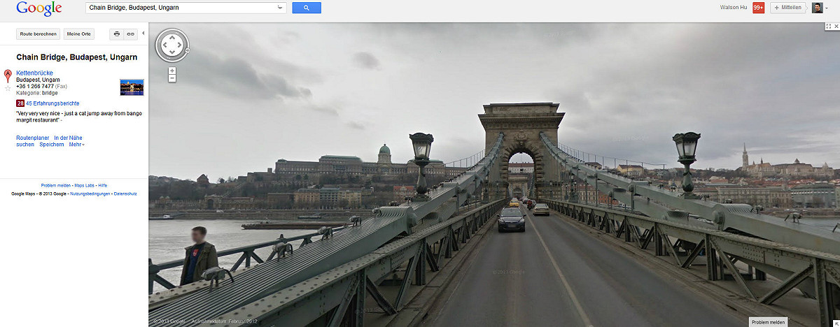 匈牙利首都布達佩斯鏈橋街景。圖片來源：Google街景服務。