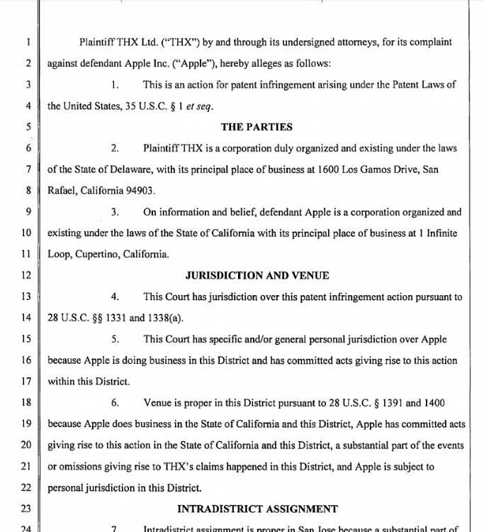 THX向加州聯邦法院提起Apple侵權案文件部分內容。資料來源：Scribd