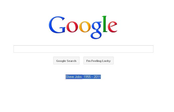 搜尋引擎Google今（6）日在首頁上小改版，打上：「Steve Jobs, 1955 - 2011」幾個小字，悼念賈伯斯的去世。圖片來源：翻攝自網路。