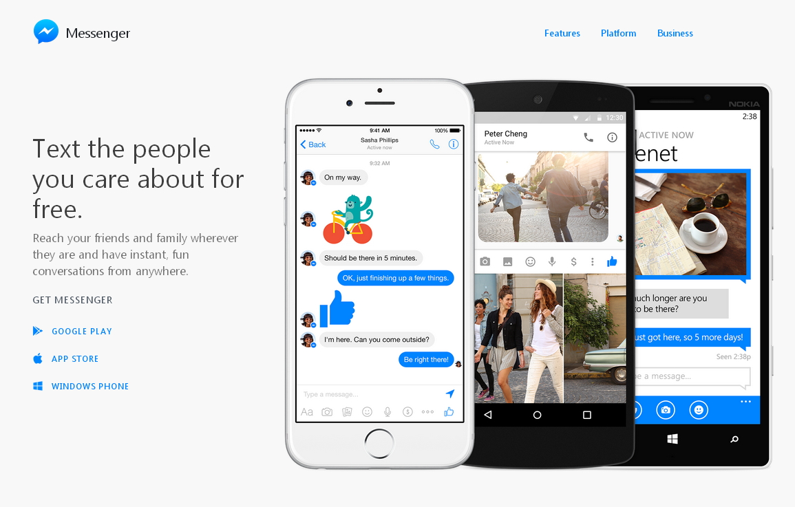 Facebook Messenger 除了既有的App聊天室外，將推出專屬的網頁版本Messenger.com。圖：翻攝自Facebook Messenger官網