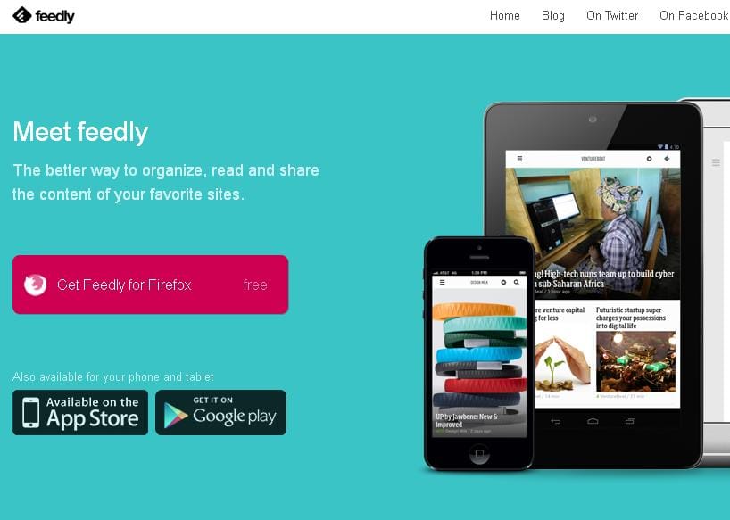 Google上週宣布將關閉Google Reader，沒想到卻意外讓Feedly爆紅，一週湧入50萬用戶。圖片來源：翻攝自Feedly官網。
