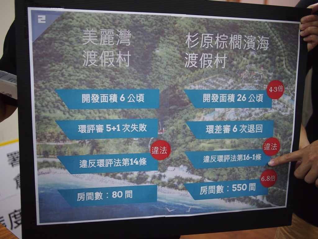 比較杉原棕櫚渡假村開發案與美麗灣開發案，這個案子因為開發規模更大，民團擔心，一旦通過，勢必帶來比美麗灣更巨大的影響。圖:何星瑩/攝