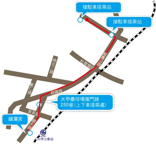 北堤西路線（約每10~15分鐘一班次），沿途採隨招隨停方式載運進香客：北堤西路（往西1.5公里砂石場旁）站－北堤西路（經國路旁）站－經國路－和平路－大智街－雁門路－大甲壘球場停車場站－雁門路250巷口接駁車乘處)