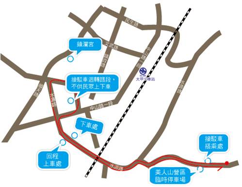 美人山營區行駛路線圖（約每10分鐘一班次）：致用高中校門口—東昇街—水源路—大甲高中側門水源路39巷(上、下車搭乘處)—中山路—鎮瀾街—水源路—東昇街—美人山營區
