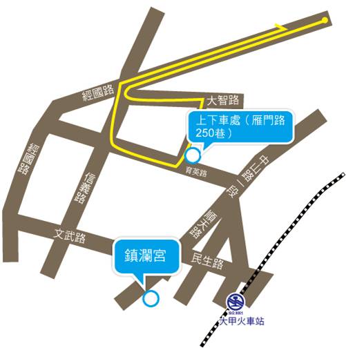 北堤西路線（約每10~15分鐘一班次），沿途採隨招隨停方式載運進香客：北堤西路（往西1.5公里砂石場旁）站－北堤西路（經國路旁）站－經國路－和平路－大智街－雁門路－大甲壘球場停車場站－雁門路250巷口接駁車乘處)