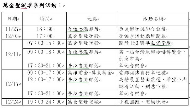 萬金聖誕季系列活動表