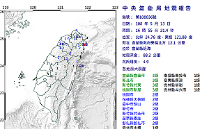 快訊》突然一震！宜蘭近海地震規模4.9 最大震度宜蘭、新北3級