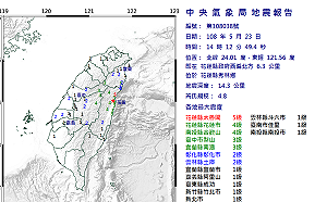 快訊》14：12 花蓮地震規模4.8 太魯閣最大震度5級