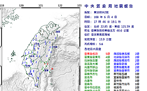 快訊》台東17：46 規模5.6地震 最大震度台東縣成功、池上5級