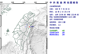 快訊》花蓮縣16：02發生規模3.3地震  銅門最大震度4級