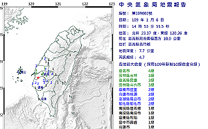 快訊》超有感！14：53分嘉義規模4.7地震 最大震度4級