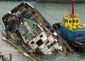 基隆港停航油駁船進水 船頭沉沒幸無重油