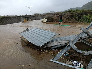 新北林口水淹路面　郵差開車誤闖溪流、站車頂求援