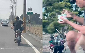罰鍰5100元！用腳騎電動機車「吃泡麵看手機」 網笑：猴子快成精了