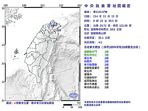 快訊》09:22宜蘭縣員山鄉發生規模4.5有感地震 最大震度宜蘭縣牛鬥、新北市汐止3級