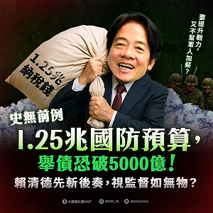 國民黨痛批賴清德1.25兆國防預算「先斬後奏」　舉債恐破5000億、嚴重債留子孫