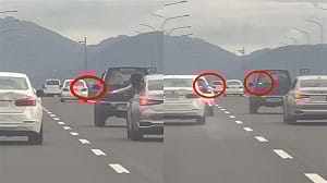 國道5號上演「瑪利歐賽車」！2車霸佔車道丟水球 國道警出手了