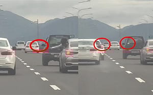 國道5號上演「瑪利歐賽車」！2車霸佔車道丟水球 國道警出手了