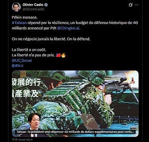 法參議員接力發文　支持台灣推兆元預算強化防禦