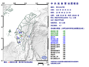 快訊》22:49高雄市甲仙區發生規模4.7有感地震 最大震度嘉義縣大埔、高雄市桃源、臺南市楠西4級