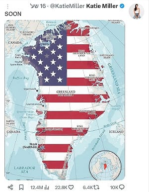 川普再提「需要」格陵蘭! 幕僚妻貼這圖引1,200萬人瀏覽 美軍機直奔英基地 