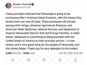 委美達原油協議　川普：委內瑞拉交易收入將買美產品