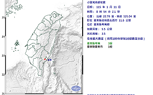 台東卑南8時54分發生規模3.5地震　最大震度3級