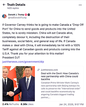 警告加拿大勿成中國「中轉港」 川普揚言對加國商品課徵100％關稅