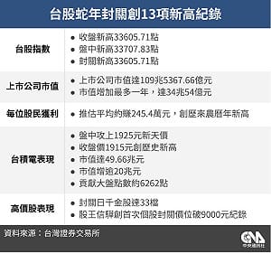 台股金蛇擺尾　蛇年創漲點市值等13項新高紀錄