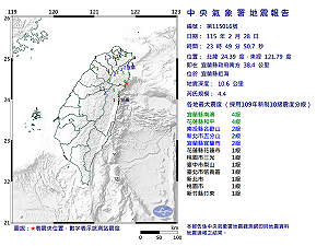 快訊》23:49宜蘭縣近海發生規模4.4有感地震 最大震度宜蘭縣南澳、花蓮縣和平4級
