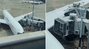 才被爆料駕駛「推桿俯衝」釀重大傷亡 東航又出事! 降落上海航班撞空橋
