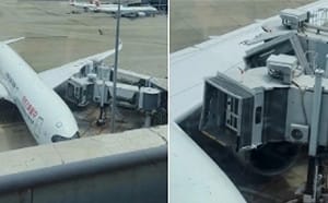 才被爆料駕駛「推桿俯衝」釀重大傷亡 東航又出事! 降落上海航班撞空橋