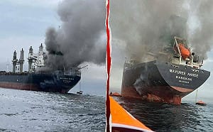 （影）韓國貨輪荷姆茲海峽爆炸起火　川普指控伊朗攻擊 