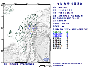 快訊》07:08花蓮縣豐濱鄉發生規模4.4有感地震 最大震度花蓮縣光復3級