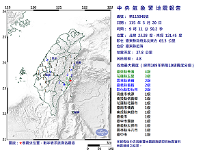 快訊》09:11臺東縣近海發生規模4.8有感地震 最大震度臺東縣長濱4級