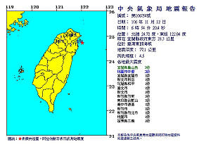 6:54宜蘭東部海域規模4.5地震 最大震度3級